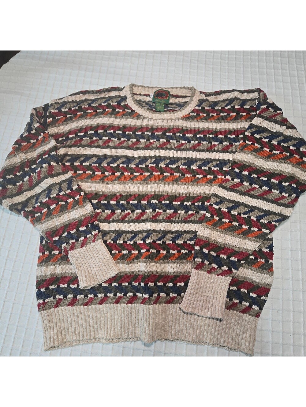 VTG 90s Boston Traders Grandpa Sweater Large Geometric Coogi Style Linen Cotton